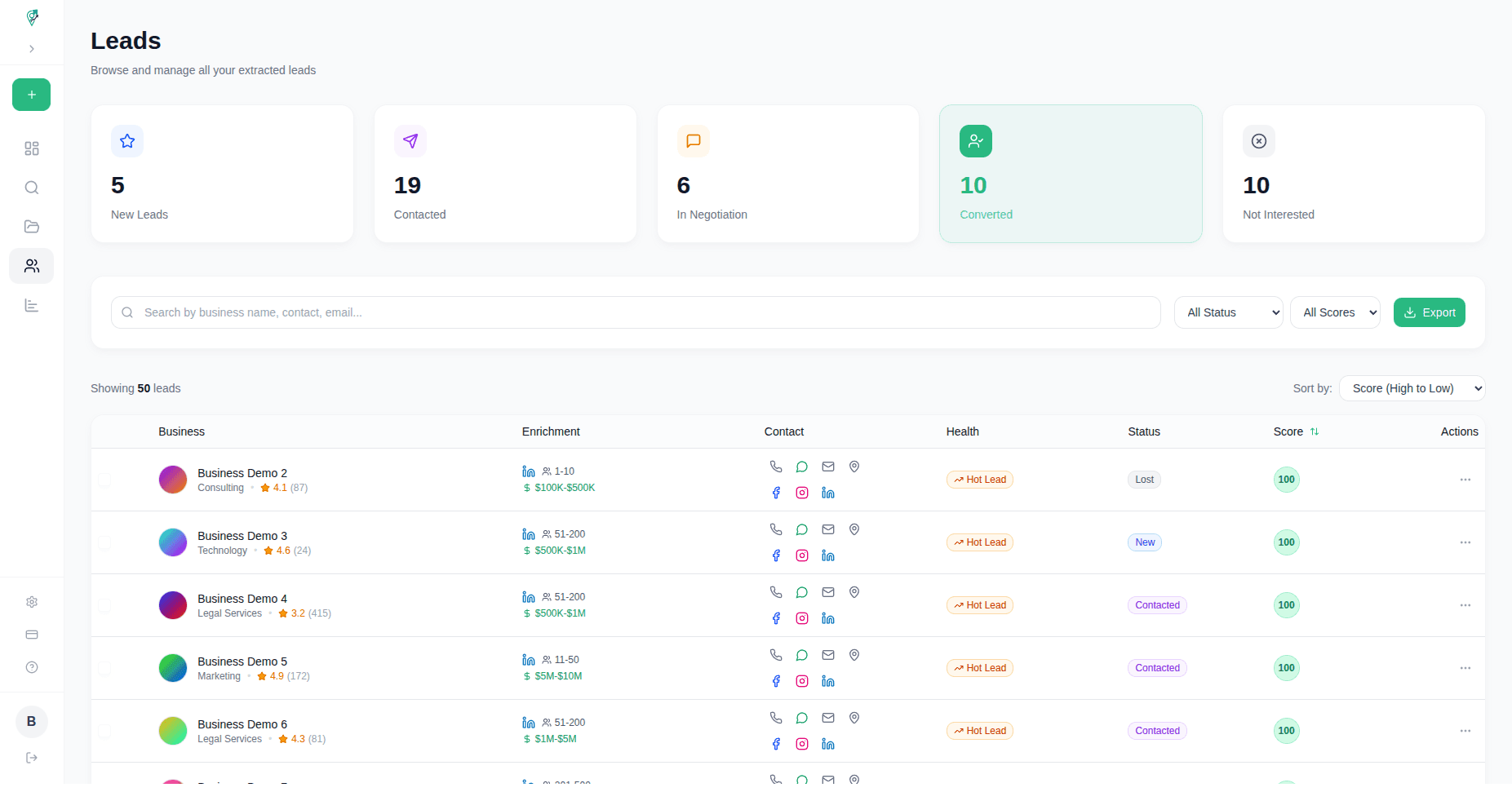 MapsLeadExtractor Dashboard showing lead filtering by web defects